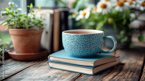 Cozy morning with tea in a speckled cup beside books and plants on a rustic w...