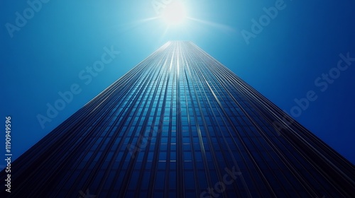 Tall glass building reaching towards the sun against clear blue sky