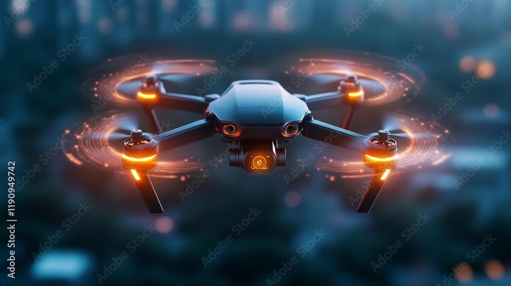 Futuristic drone with glowing propellers and advanced digital features. Generative AI Futuristic drone with glowing propellers and advanced digital features. Generative AI
