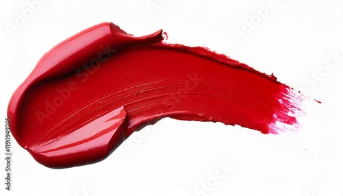 Red lipstick smear smudge swatch isolated on white background, cream makeup texture, color cosmetic product brush stroke swipe close up.