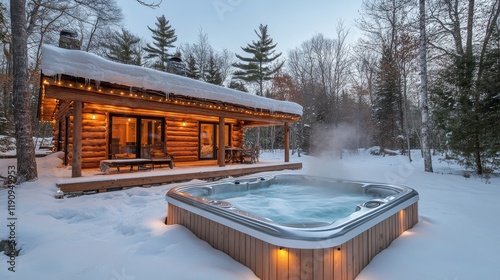 Cozy log cabin with outdoor hot tub in snowy forest setting during winter eve...