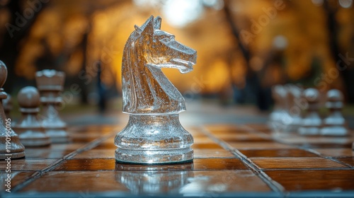 Elegant glass chess knight piece on a checkered board with blurred bokeh back...