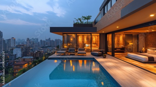 Luxurious modern villa with pool overlooking city skyline at dusk