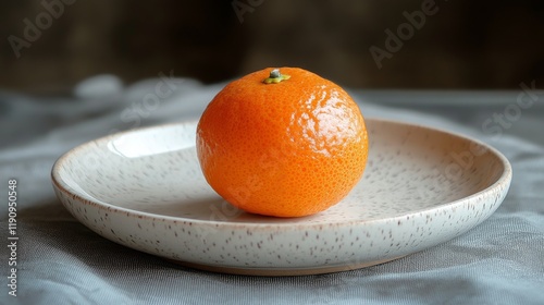 Fresh orange with green leaves on a decorative plate in a natural setting