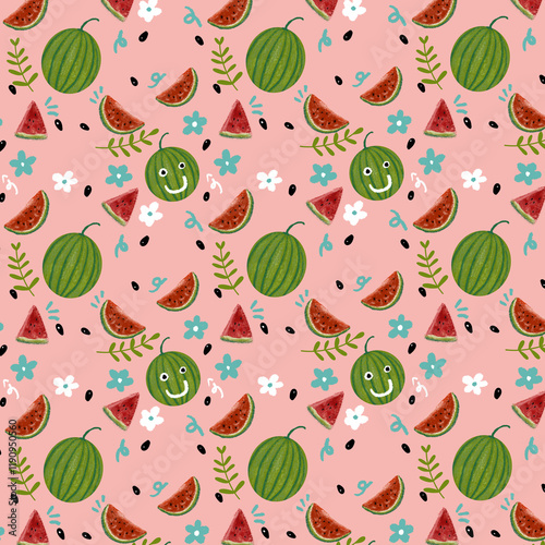 Seamless pattern abstract  fruit motif  with watermelons  leaf  and small flowers onpink background  tropical style design for surfaces  photo