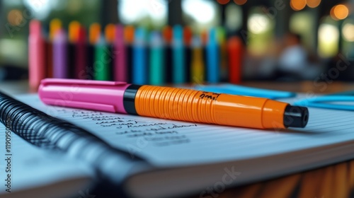 Brightly colored pen placed on a notebook with handwritten notes in a study e...