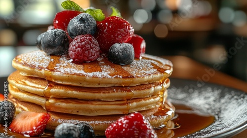 Delicious stack of fluffy pancakes topped with fresh berries and syrup