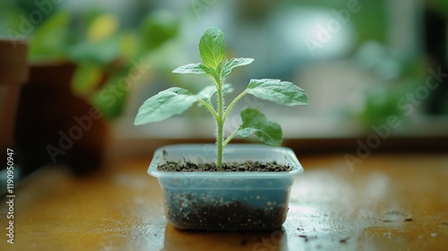 Growing plant in a clear container on a wooden surface with natural light