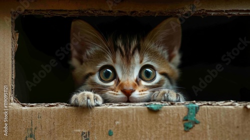 Curious kitten peeking through a cardboard box in a cozy indoor setting