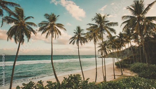 Beautiful Vintage tropical beach with palm trees, sunset beach seascape, design template for travel banner, faded picture.