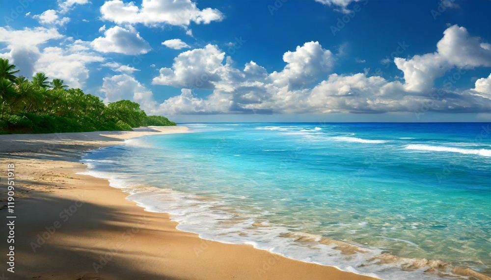 Beautiful tropical beach with palm trees, sunset beach seascape, design template for travel banner. Beautiful tropical beach with palm trees, sunset beach seascape, design template for travel banner.