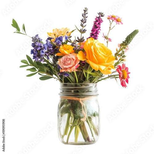 A mason jar vase holding a mix of seasonal flowers, placed gently on a white backdrop for a light and natural look,