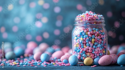 Colorful sprinkles and candy eggs in a glass jar with a festive backdrop duri...