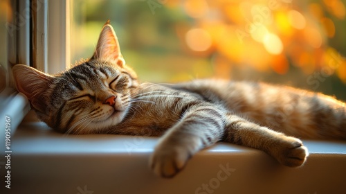 Cat relaxes in warm sunlight streaming through a window during golden hour in...