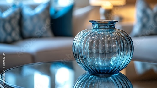 Modern living room with glass table and reflective sphere in natural light