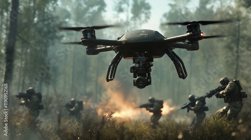 A quadcopter drone with a grenade attached to it, hovering over a squad operating in an open forest field. photo