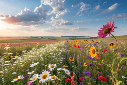  Vibrant wildflower field under blue sky at sunrise