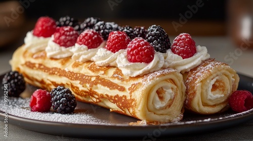Delicious stack of pancakes layered with cream and berries in a cozy kitchen ...