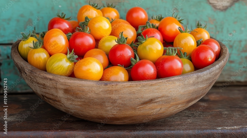 Fresh tomatoes in a wooden bowl ready for cooking or snacking in a rustic kitchen setting Fresh tomatoes in a wooden bowl ready for cooking or snacking in a rustic kitchen setting