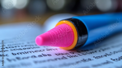 Brightly colored pen placed on a notebook with handwritten notes in a study e...