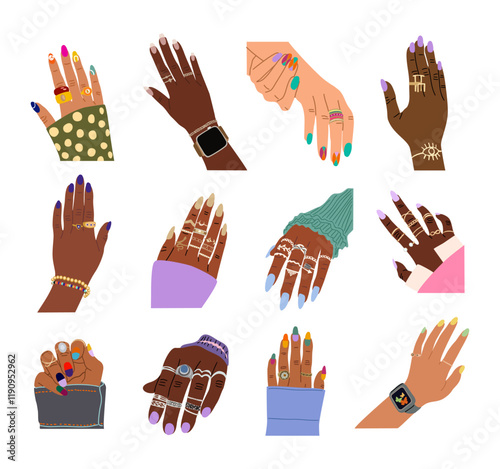 Set of different Female hands with modern manicure, golden finger rings, bracelets, smart watch on wrist. Nail treatment, beauty, jewelry advertising . Vector illustration isolated