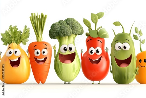 A playful 2D cartoon of smiling vegetables, including a carrot, broccoli, and tomato, with animated expressions on a white background