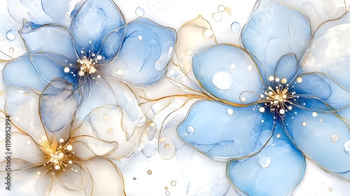 Abstract Blue Gold Flowers Alcohol Ink Painting Art Print