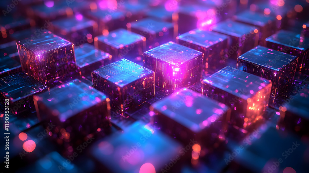 Fototapeta premium Abstract Geometric Composition of Glowing Cubes in Purple and Blue Hues