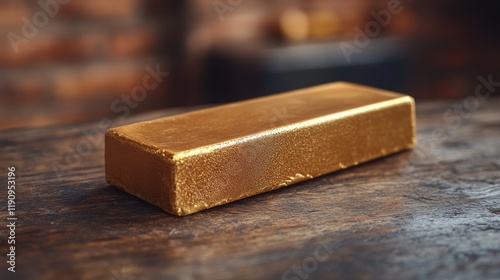 Gold bar resting on a wooden surface with a blurred background in a well-lit ...