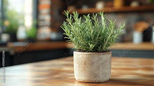 Fresh rosemary plant in a rustic pot on a wooden kitchen table