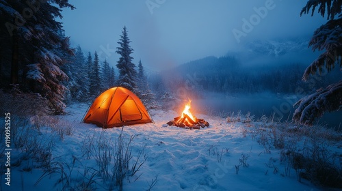 Cozy camping setup in winter forest with tent and campfire amidst falling snow