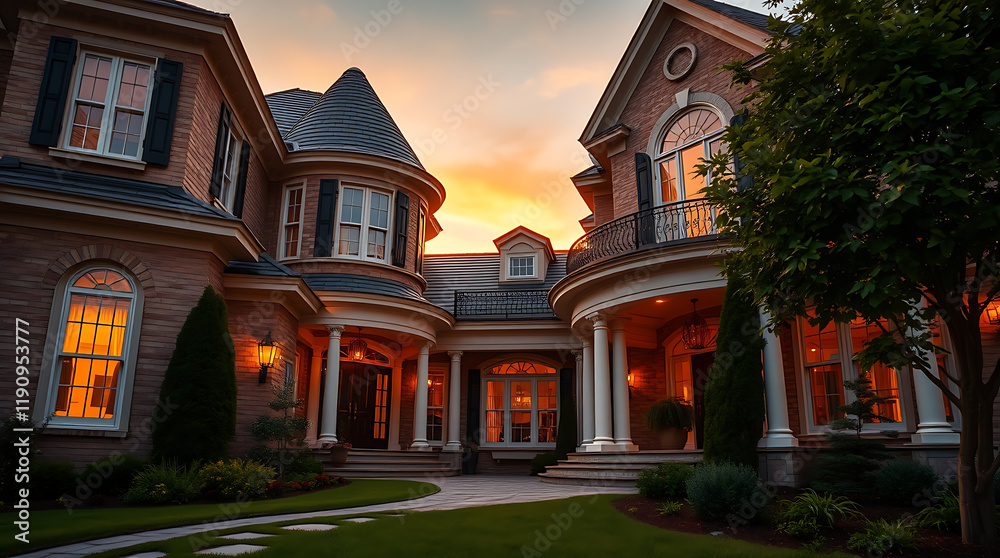 Fototapeta premium Luxury Brick House at Sunset: A Stunning Architectural Masterpiece