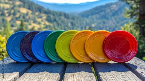 Stacked colorful rings on wooden surface for outdoor play or display