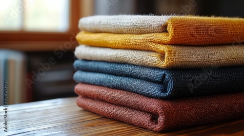 Stacked colorful linen napkins neatly arranged on a wooden table near a window