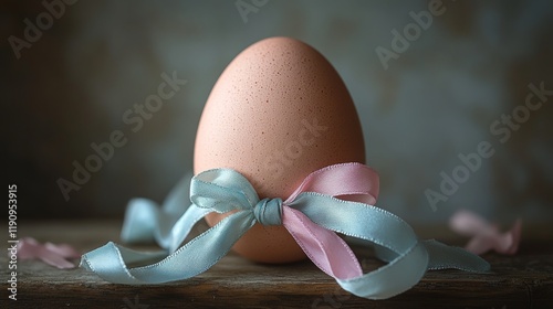 Pink decorated egg with ribbon placed on rustic wooden table background durin...