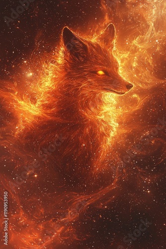 Cosmic Fox in Fiery Glow Among the Stars and Constellations photo