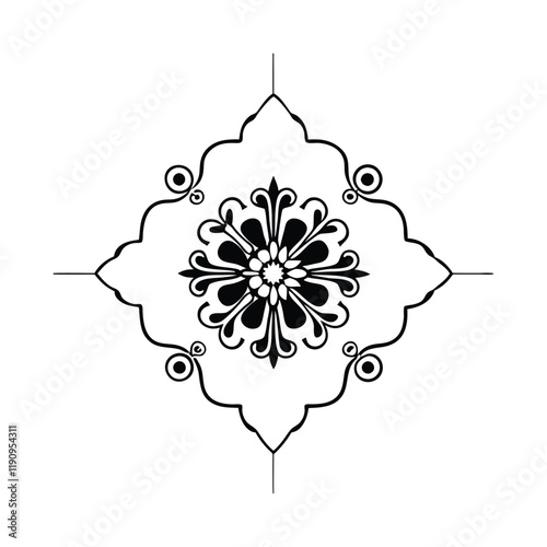 A vector illustration of a mandala silhouette with a white background. The mandala has a circular pattern with multiple layers of interlocking geometric shapes, including triangles, squares, and circl