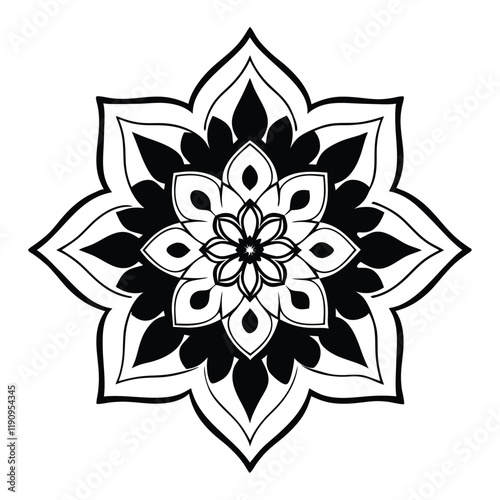 A vector illustration of a mandala silhouette with a white background. The mandala has a circular pattern with multiple layers of interlocking geometric shapes, including triangles, squares, and circl