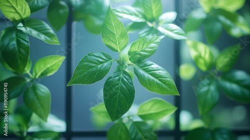 Green leaves climbing along a wall in a bright indoor setting with natural li...