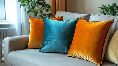Cozy living room with decorative pillows and candle during evening