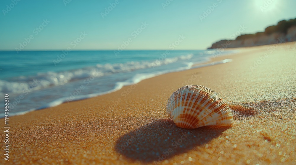 Seashell resting on a sandy beach with turquoise water and distant cliffs under a clear sky Seashell resting on a sandy beach with turquoise water and distant cliffs under a clear sky