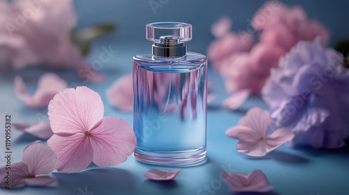 Elegant perfume bottle surrounded by pastel flowers and dew drops on a soft b...