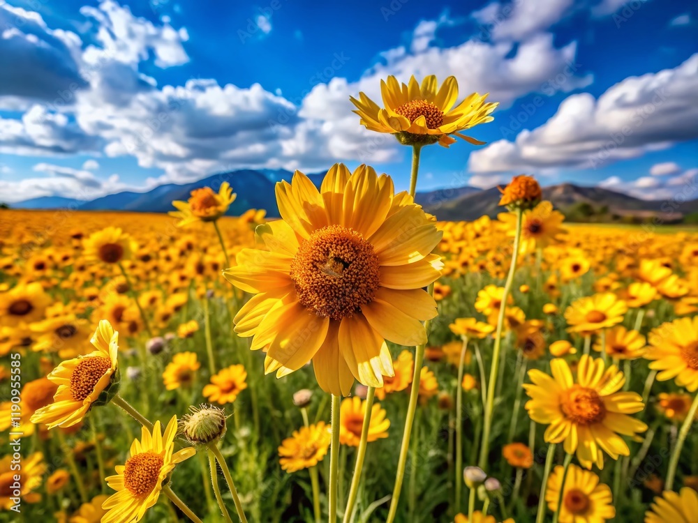 Obraz premium Panoramic View of Vibrant Yellow Wildflower Meadow in Summer Sunlight