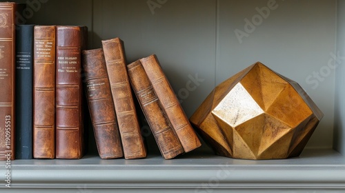 Vintage leather books and geometric sculpture displayed on a shelf in a cozy ...