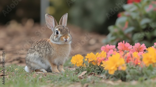 Cute rabbit sitting among colorful flowers in a garden during springtime