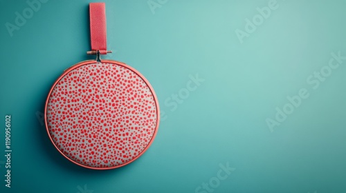 Colorful embroidery hoop with polka dot pattern displayed against a turquoise...