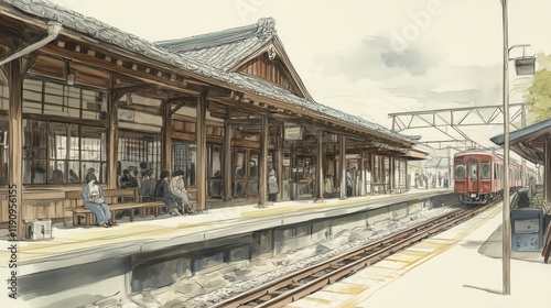 A sketch of a quaint Japanese train station, capturing the intricate details of the wooden architecture, with a traditional roof and lattice work. photo