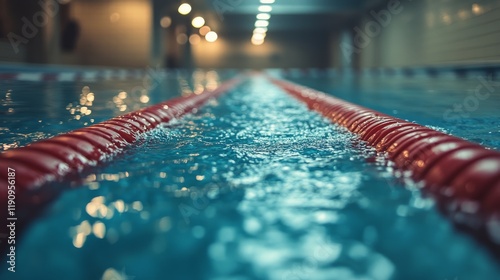 Colorful buoy markers in calm blue water at an indoor swimming facility durin...