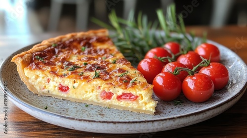 Delicious savory quiche served with fresh cherry tomatoes on a white plate