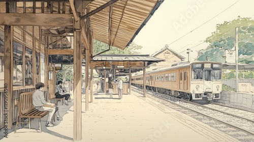 A sketch of a quaint Japanese train station, capturing the intricate details of the wooden architecture, with a traditional roof and lattice work. photo